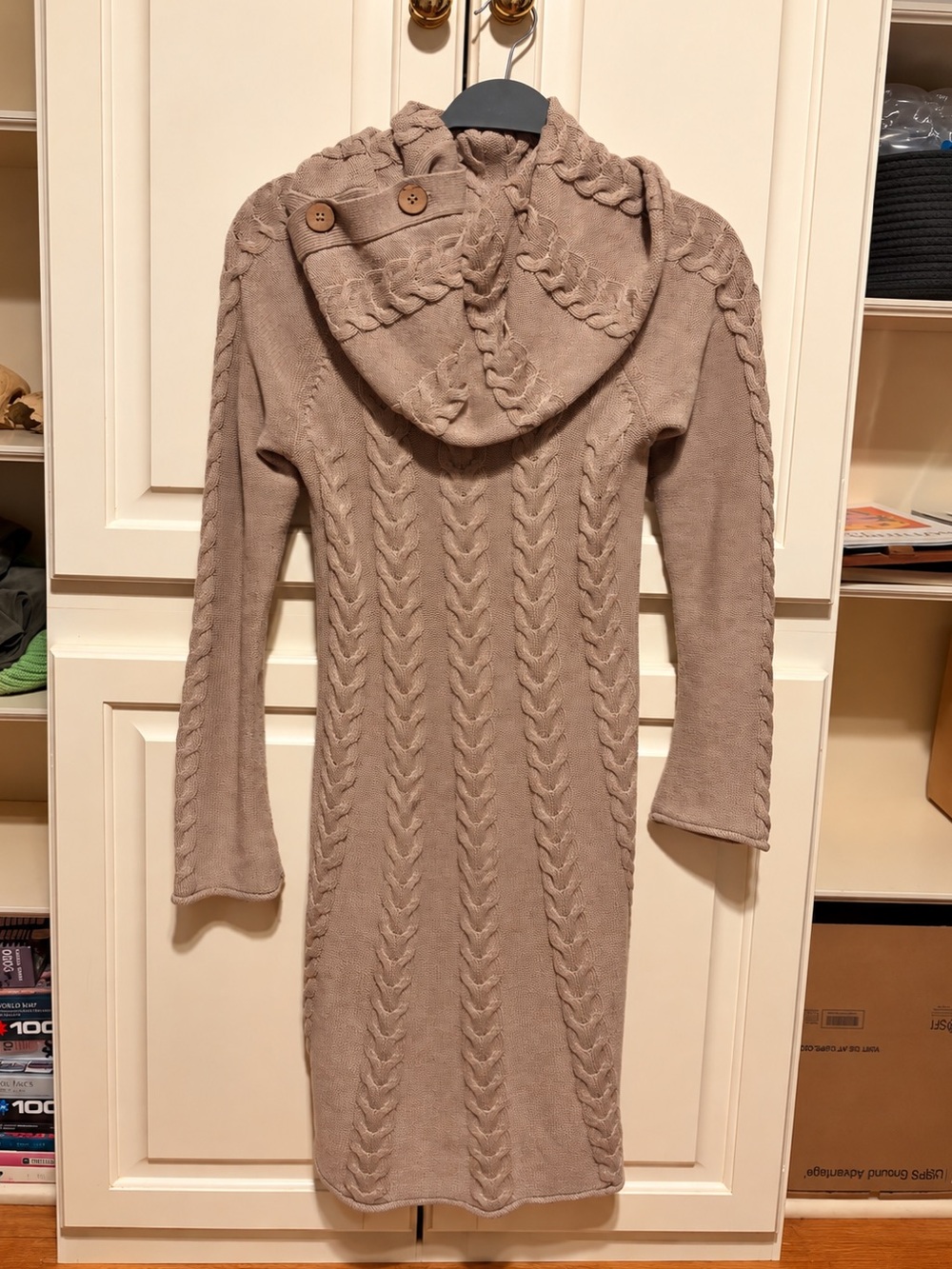 AKINI Taupe Cable Knit Hooded Sweater Dress